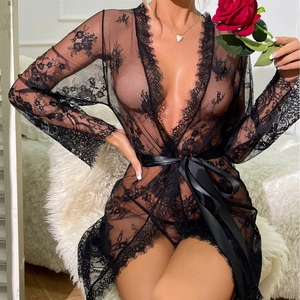 Chemise de nuit séduisante en dentelle transparente style européen et américain 2025 avec nœud coquin et irrésistible - Product Image 1