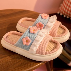 Cute Luxury Flower Linen Soft Eva Sole Indoor Plush Custom Slides <b>Slippers</b> High Quality Girls Ladies <b>Slippers</b> - Product Image 2
