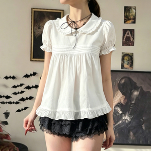 Blusa Linda y Dulce Estilo Babydoll de Manga Corta con Cuello Camisero, Corte Holgado, Cintura Alta y Color Sólido para Mujer - Product Image 1