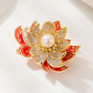 Chinese Style Lotus Brooch Enamel Freshwater Pearl Women's Wedding Fine Brooch - Product Image 1