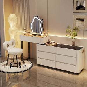 Coiffeuse en bois massif couleur crème avec commodes intégrées, bureau de maquillage, miroir LED en forme de nuage, durable et écologique - Product Image 3