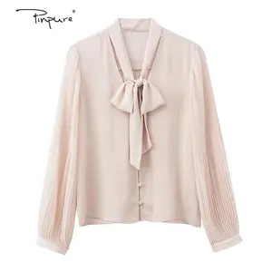 R40903S wholesale women's fashion solid color small pleated bow loose shirt blouses