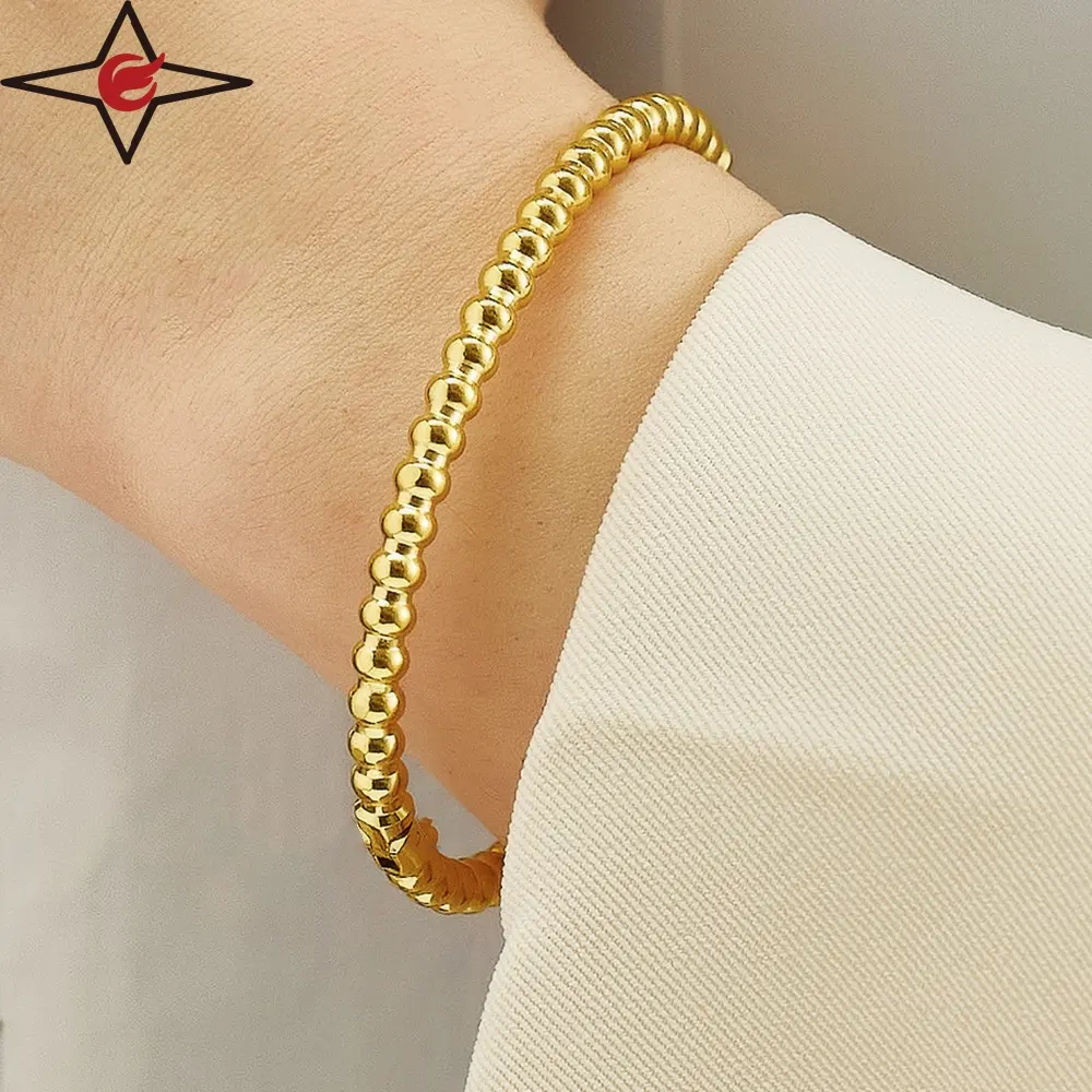 Custom Hypoallergenic Women Stainless Steel 18k Gold Plated Bangle Beaded Bracelet