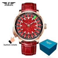 Montre de luxe pour hommes, avec roue de roulette, bracelet en cuir rouge, cadran incrusté de diamants, fonction de rotation du bouton, disque de jeu, montres de casino nh35