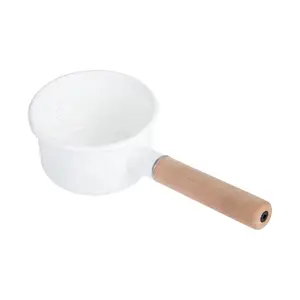 Korea Style Enamel Milk Pan Durable Sauce Single Handle Pan Pot Enamel Metal Mini Saucepan Milk Pot With Wood Handle