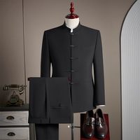 Costume Zhongshan pour homme de style national, nouveau style chinois, fermeture éclair, perles, haut de gamme, noir, col montant, costume de mariage, costume de fiançailles
