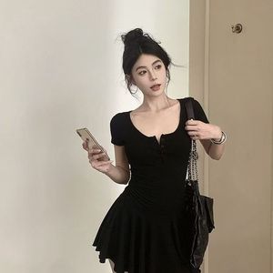 Grey U-neck Short Sleeve Dress Women Summer Pleated A-line Skirt Tight Waist Casual Daily Wear Sports Leisure Yoga Hiking - Product Image 3
