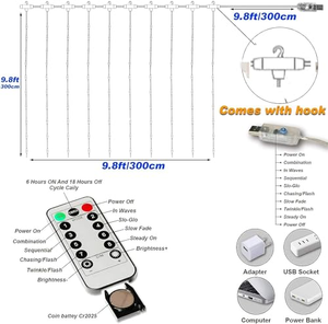 Cortina de Luces LED de Navidad para Exteriores, 3x3m, con Control Remoto USB, 300 LED, Efecto Cascada, Estrellas Centelleantes - Product Image 2