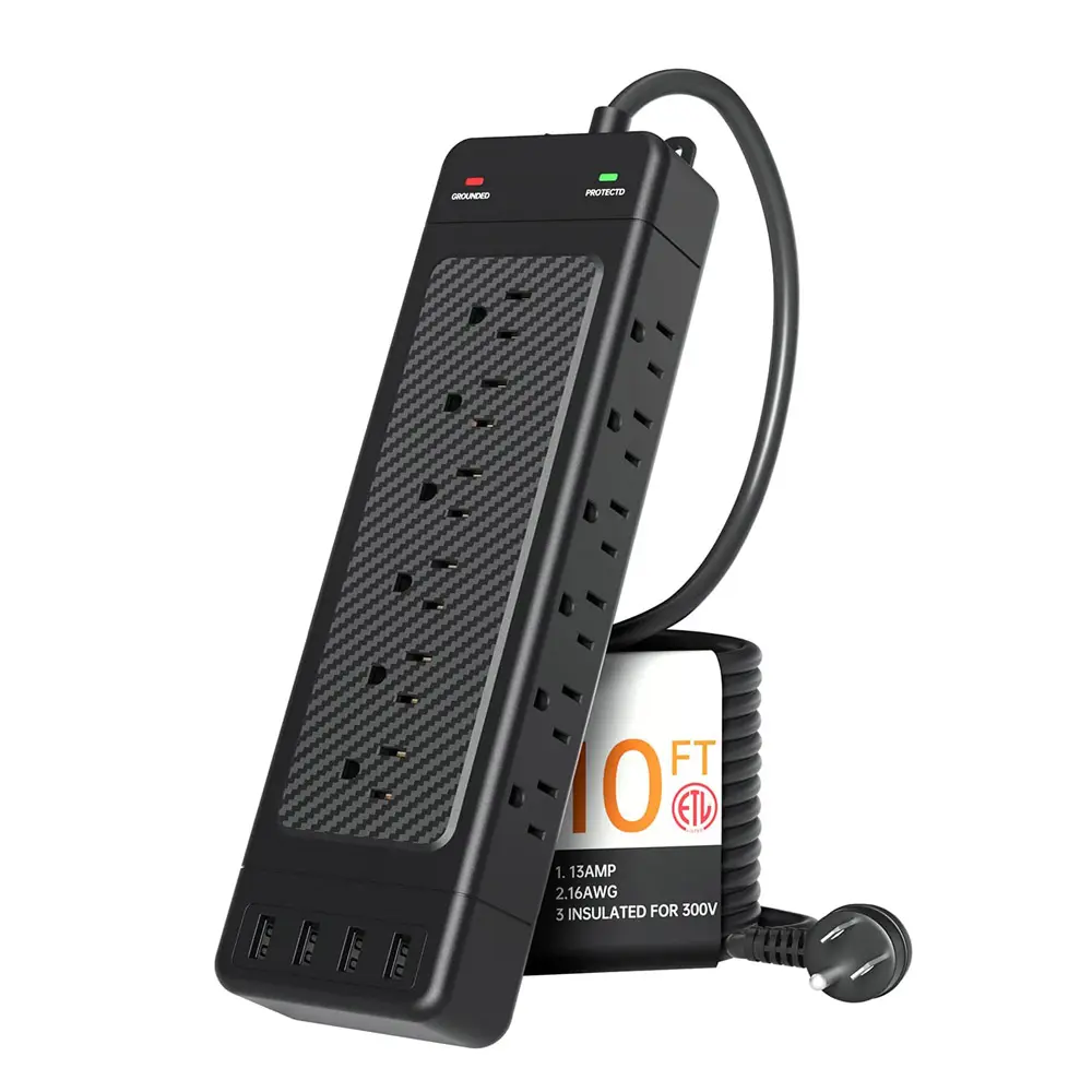 Cable de extensión multienchufe de 10 pies, estación de carga USB de alta resistencia, tira de alimentación 18, 3, Protector de sobretensiones lateral, extensor de salida de montaje en pared