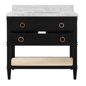 Top in marmo per <span class=keywords><strong>bagno</strong></span> in <span class=keywords><strong>legno</strong></span> massello <span class=keywords><strong>con</strong></span> <span class=keywords><strong>mensola</strong></span> in Rattan e maniglie ad anello lavello mobile per lavello per lo stoccaggio organizzato - Product Image 4