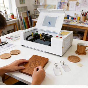 เครื่องแกะสลักและตัดด้วยเลเซอร์ CO2 ขนาดเล็ก ความแม่นยำสูง 320 440 สำหรับตัดและแกะสลักป้ายชื่ออุปกรณ์ยาง - Product Image 2