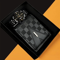 Set Jam Tangan Quartz Pria dan Dompet, Dial Hitam, Kronograf Dekoratif, Sub-dial, Jendela Tanggal, untuk Hadiah Bisnis Korporat