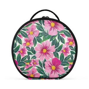 Round Portable Custom Print Hawaii Pink Flower Travel Cosmetic Brush Box Artist Professional <b>Makeup</b> Train <b>Case</b> with Divider - Product Image 1
