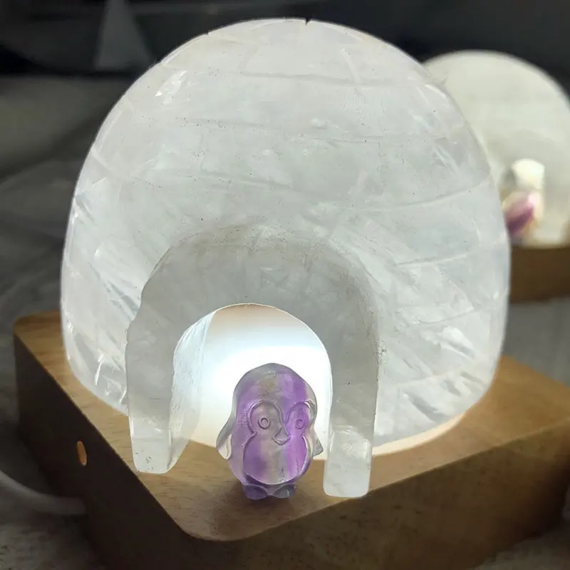 Natürliche klare Quarz Eisberg Statue Kristall Iglu Lampe mit Fluorit Pinguin