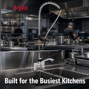 Aqua Systems Kitchen Faucet Wall <b>Mounted</b> Single Handle Pull Out <b>Spray</b> Chrome Finish Lead Free Brass Valve Contemporary Design - Product Image 5