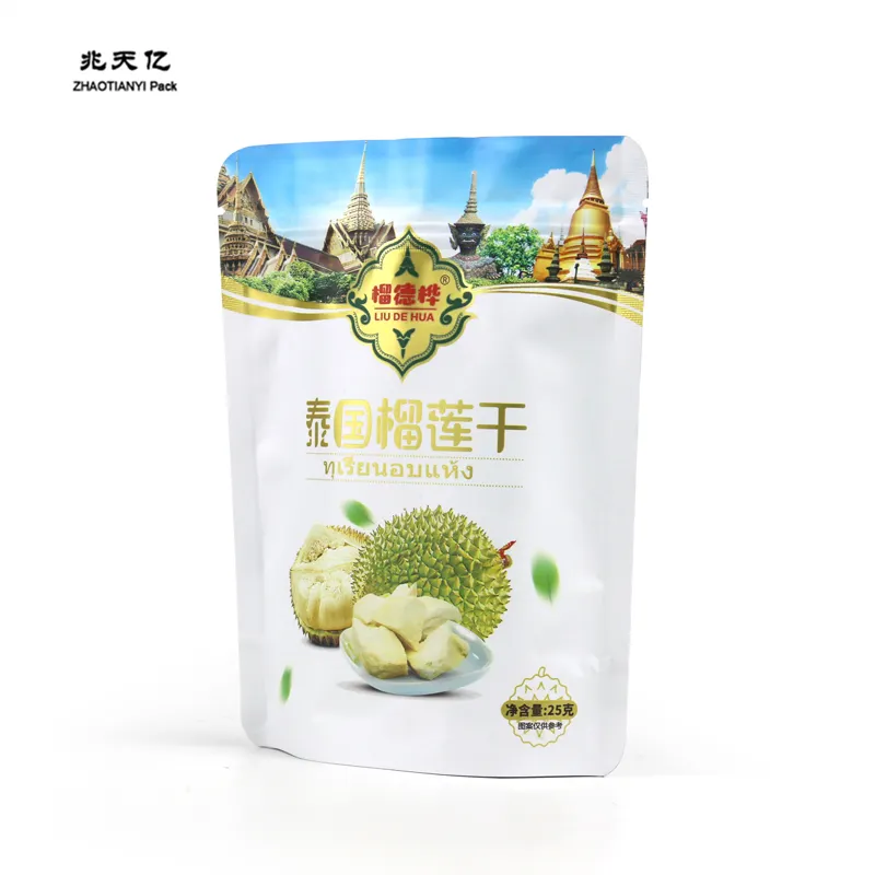 OEM Custom Logo Gefriertrocknung Snack Obst Produkt Stand Up Beutel Gefrier getrocknete Durian Verpackung