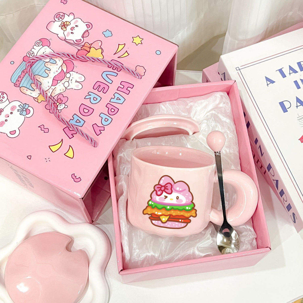 กล่องของขวัญช้อนฝาปิดแฮมเบอร์เกอร์สีชมพู