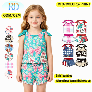 Conjunto de 2 Piezas de Bambú para Niñas, Top <span class=keywords><strong>sin</strong></span> Mangas con Estampado Floral y Lazos en los Hombros y Pantalones Cortos, <span class=keywords><strong>Ropa</strong></span> Casual de Verano para Niños, Estilo Traje de Baño - Product Image 1