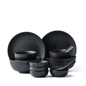 custom logo Japan western style ceramic black matte flat tableware plates bowls luxury porcelain plates set