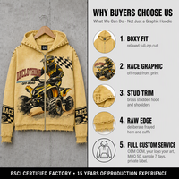Sweat-shirt à capuche entièrement zippé jaune délavé personnalisé 360 g/m² avec capuche cloutée, motif course ATV, ourlet et poignets effilochés, style streetwear OEM ODM