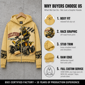 Maßgefertigter Gewaschener Gelber 360gsm Reißverschluss-Hoodie mit Nieten, ATV-Renn-Grafik, Roher Ausgefranster Saum & Bündchen, Sweatshirt Streetwear OEM ODM - Product Image 4