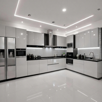 Lemari Dapur Minimalis Tanpa Gagang Warna Putih Hitam, Meja Kuarsa Alur, Peralatan Terpasang, Kabinet Dapur Modular