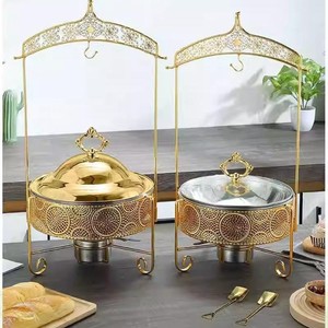 Stainless Steel Gold Round <b>Buffet</b> <b>Warmer</b> With Lace Edge Glass Lid For Hotel Restaurant 3.5L 4.0L 6.0L 8.0L - Product Image 1