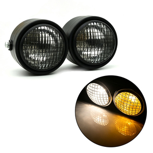 Faro delantero doble de malla redonda para motocicleta Harley Retro, carcasa negra, lente amarilla transparente con cubierta de rejilla - Product Image 3