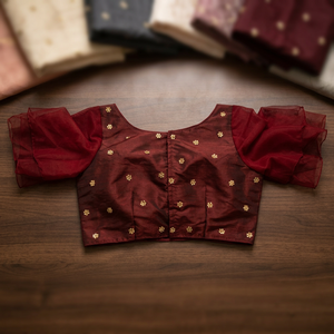 Blusa Choli de Seda Color Granate Purvang Global con Bordado Floral Dorado y Mangas con Volantes, Traje Tradicional Indio Pakistaní para Bodas y Fiestas - Product Image 1
