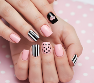 <span class=keywords><strong>Uñas</strong></span> Postizas Autoadhesivas de Marca Propia, 24 Piezas, Diseño de Lunares y <span class=keywords><strong>Rayas</strong></span> <span class=keywords><strong>Negras</strong></span> y Rosas, Aplicación sin Pegamento - Product Image 3