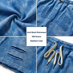 OEM Custom Logo Heavyweight Sweat Shorts Applique Distressed Fray Edge Streetwear Shorts Manufacturer Private Label - Product Image 2