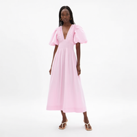 Nouvelle Robe Midi Femme Élégante Rose Col V Plissée Manches Bouffantes Coupe Évasée Manches Courtes Été Personnalisée pour Vacances