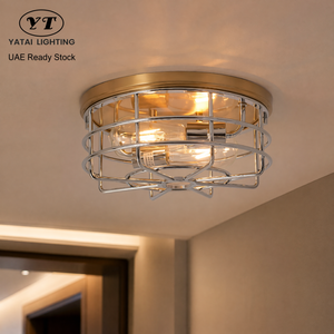 Plafonnier rond moderne en or, base en fer, E27, deux ampoules, pour chambre à coucher, couloir, entrée, hall d'entrée - Product Image 1