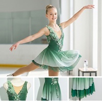 Robe de patinage artistique verte G051 avec appliques en strass, jupe en tulle dégradé, costume de performance professionnel pour compétition de patinage sur glace