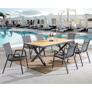 2021 manufacture 7pcs waterproof all weather outdoor furniture aluminum plastic wood dining tables and 6 chairs for outdoor