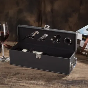 PU Leather Wine Bottle Box Wine Opener Gift Set Leather Single Red Wine Champagne Carrier Handle Travel Case Organizer Gift