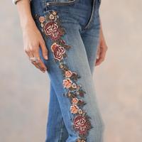 Jeans bootcut pour femme, broderie de roses, couleur vintage, personnalisez votre nom de marque