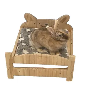 Large Wooden Rabbit Bed 2-in-1 Folding Wooden Pet Bed Small Animal Bed With Detachable Cushion