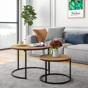 Wood Round Coffee <b>Table</b> Set Minimalist Modern Living Room <b>Small</b> Home Design Black Metal Frame Light Luxury Style - Product Image 2