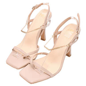 รองเท้าส้นสูงสีเบจหนา10ซม. สำหรับผู้หญิงบุรองส้นและบุหนังนิ่ม - Product Image 3