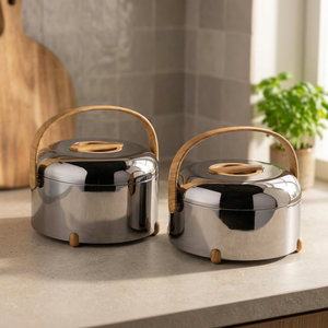 Casserole ronde minimaliste en acier inoxydable avec poignée en bois, récipient isotherme pour aliments - Product Image 4