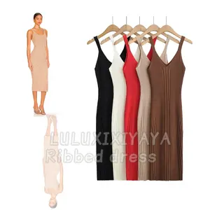 Luluxixiyaya Midi Length Knit Ribbed Modest Dress Sleeveless Back V Neck Tight Bodycon Sexy Women's Dresses