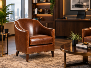 Sillón de Cuero Marrón de Diseño con Detalles de Tachuelas de Latón, Brazos Anchos Enrollados y Tapicería Elegante para Salas de Estar de Lujo - Product Image 1