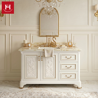 Meuble-lavabo double de luxe Happy Houses, style européen classique, en bois massif sculpté, avec dessus en marbre et incrustations dorées, idéal pour projets de villas