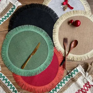 Mantel individual de arpillera redonda, manteles individuales de yute tejidos con flecos y borlas para mesa