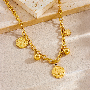 Retro Fashion Star Moon Sun Face Round Pendant Gold Plated Stainless Steel O Chain Necklace - Product Image 2