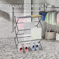 Porte-vêtements pliable à 3 niveaux en fer, à poser au sol, avec porte-serviettes réglable et support de séchage pour le linge
