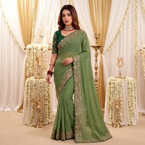 <b>Green</b> Embroidered <b>Silk</b> Saree <b>Blouse</b> for Women Wedding Traditional Indian Pakistani Style Floor Length Regular Fit Sun Protection - Product Image 1