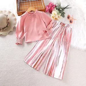 2023 Outono New European American Children Boutique Clothing Lace Long Sleeve Shirt Striped Calças 2Pcs Kids Clothing Girls