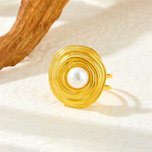 Gold Wire Wrapped Circle <b>Pearl</b> Jewelry <b>Set</b> For Women Everyday Wear Stainless Steel Necklace Earrings Ring <b>Set</b> - Product Image 3